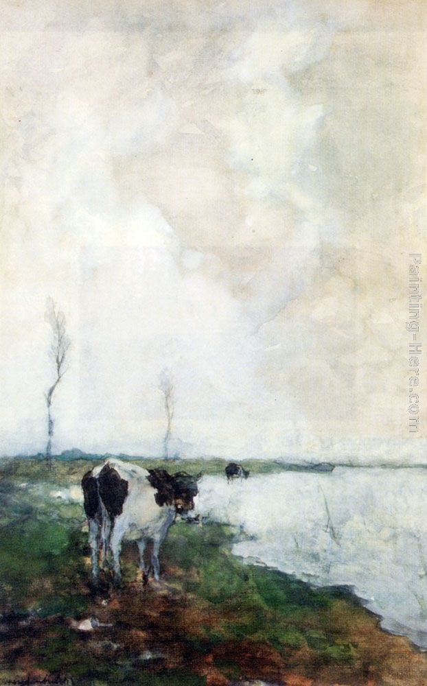 Jan Hendrik Weissenbruch A Cow Standing By The Waterside In A Polder